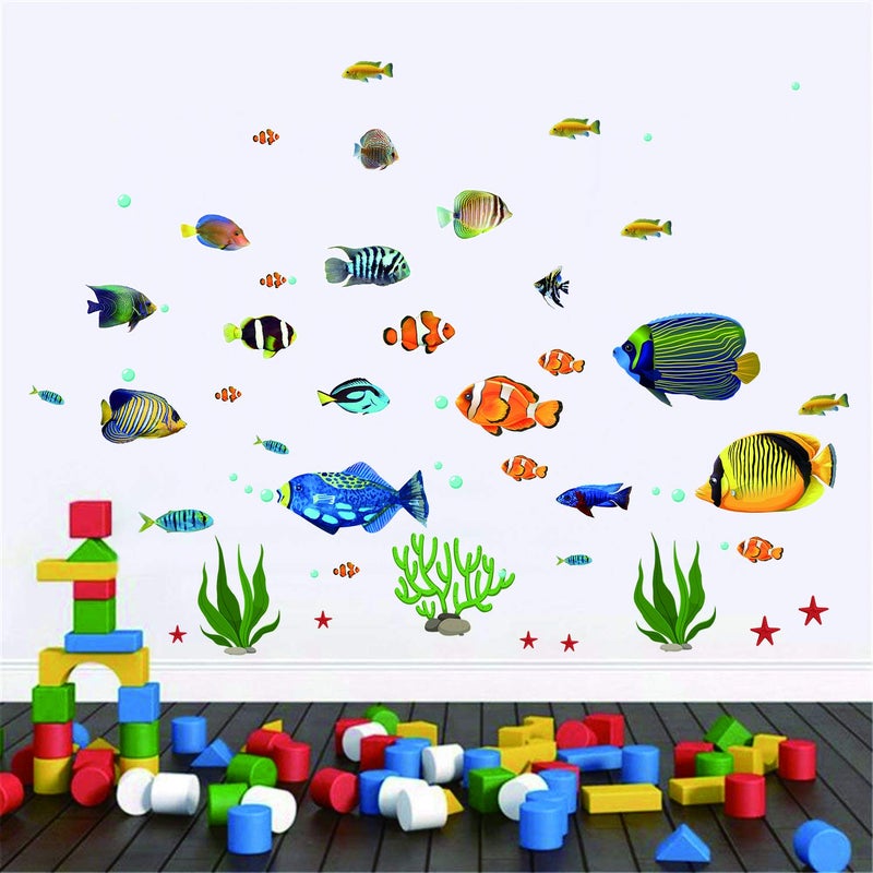 Prabahdak Fish Wall Stickers Under The Sea Decorative Wall Decals Coral Reef Fish Wall Stickers Peel and Stick Starfish Wall Art Sticker Decals for Kids Nursery Bedroom Living Room - Image 3